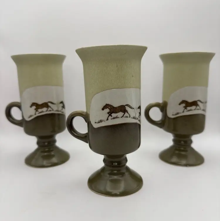 Vintage Otagiri Stoneware Irish Coffee 3 Mugs Pedestal Running Horses Japan 5.5 in Tall