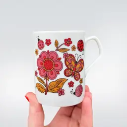 Groovy Ceramic Flower Power Mug With Butterflies And Lady Bugs 3.5in