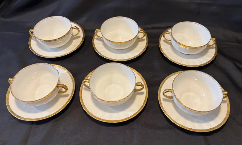 6 Bawo & Dotter Elite Works Limoges France Consommé  Cream Soup Bowls & Saucers