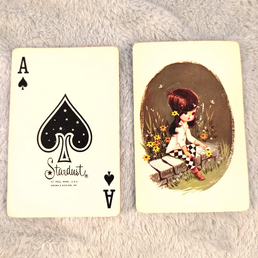 1 Single Swap Card - Playing Card. Vintage MCM Mod Harlequin Girl with Flowers. Ace of Spades. Made in MN. Dimension 2.5 x 3.5. Read description.