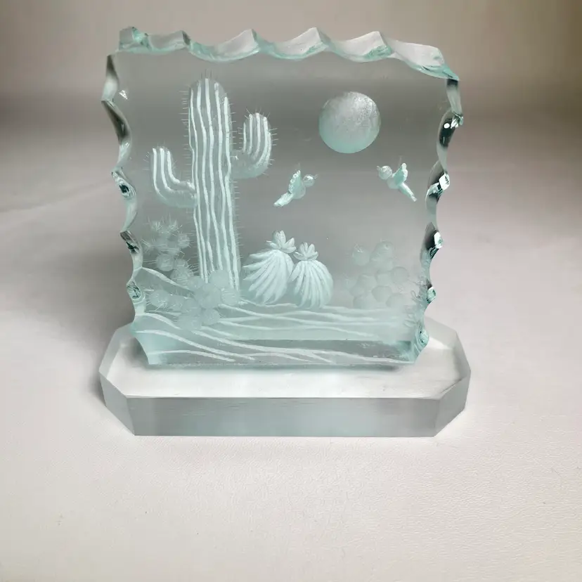 Artist Signed Carved Lucite Paper Weight Dessert Motif