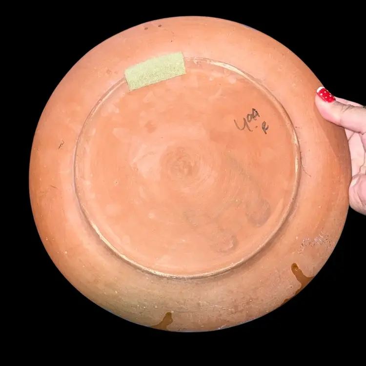 Hand-Painted Mexican Redware Plate — Sunburst Center with Folk Art Imagery