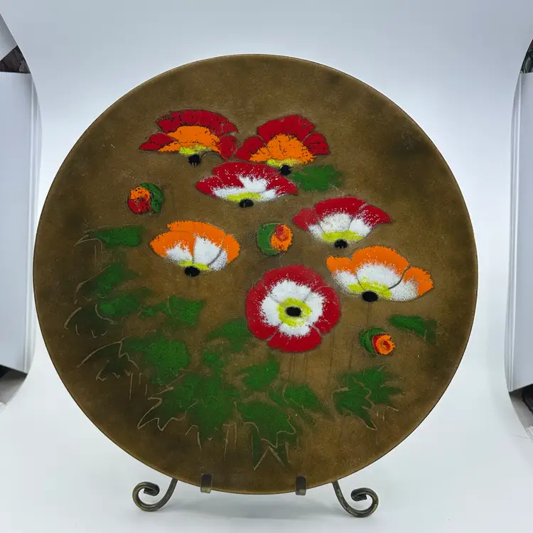 Enamel On Copper Floral Large Wall Hanging Signed