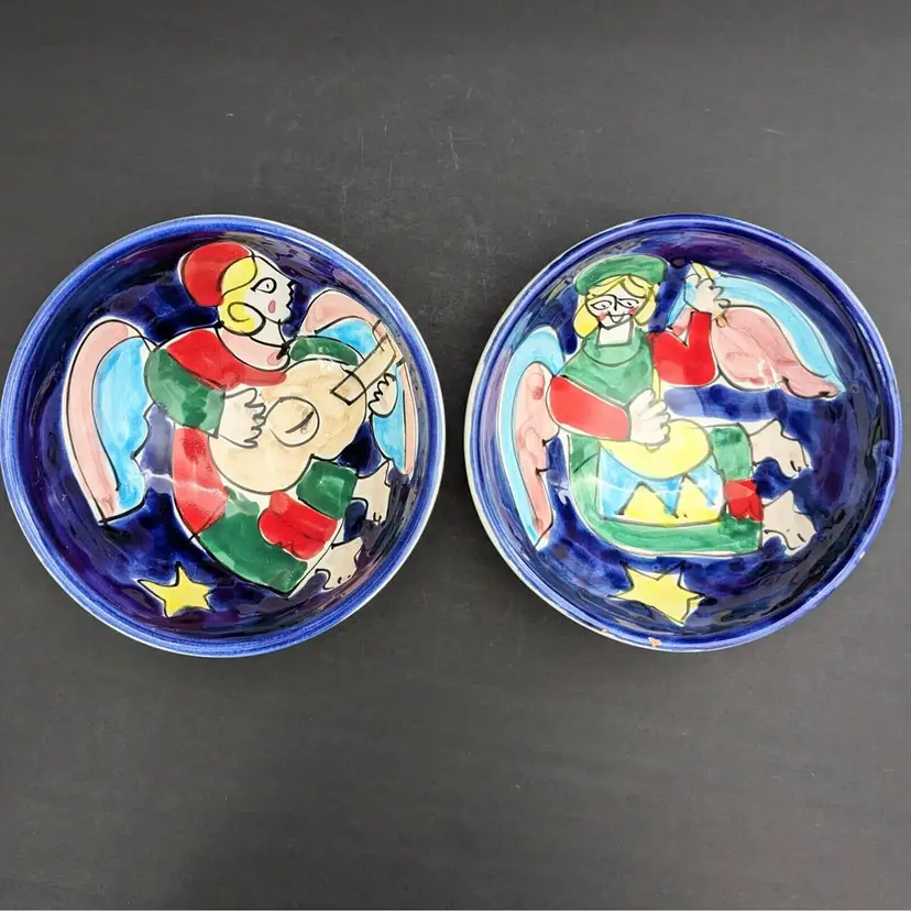 Set of 2 Vintage La Musa Christmas Angel Bowls Hand Painted Made in italy