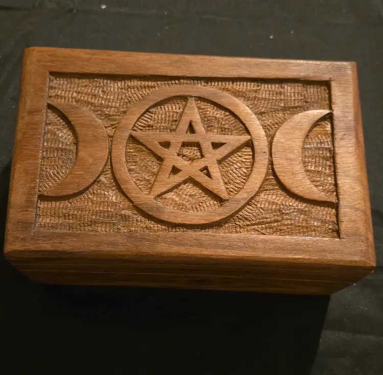 Carved Wood Box Goddess Moon Pentacle