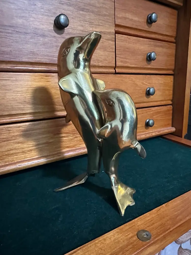 Vintage Brass Dolphins Mother & Baby Figurine Made in India