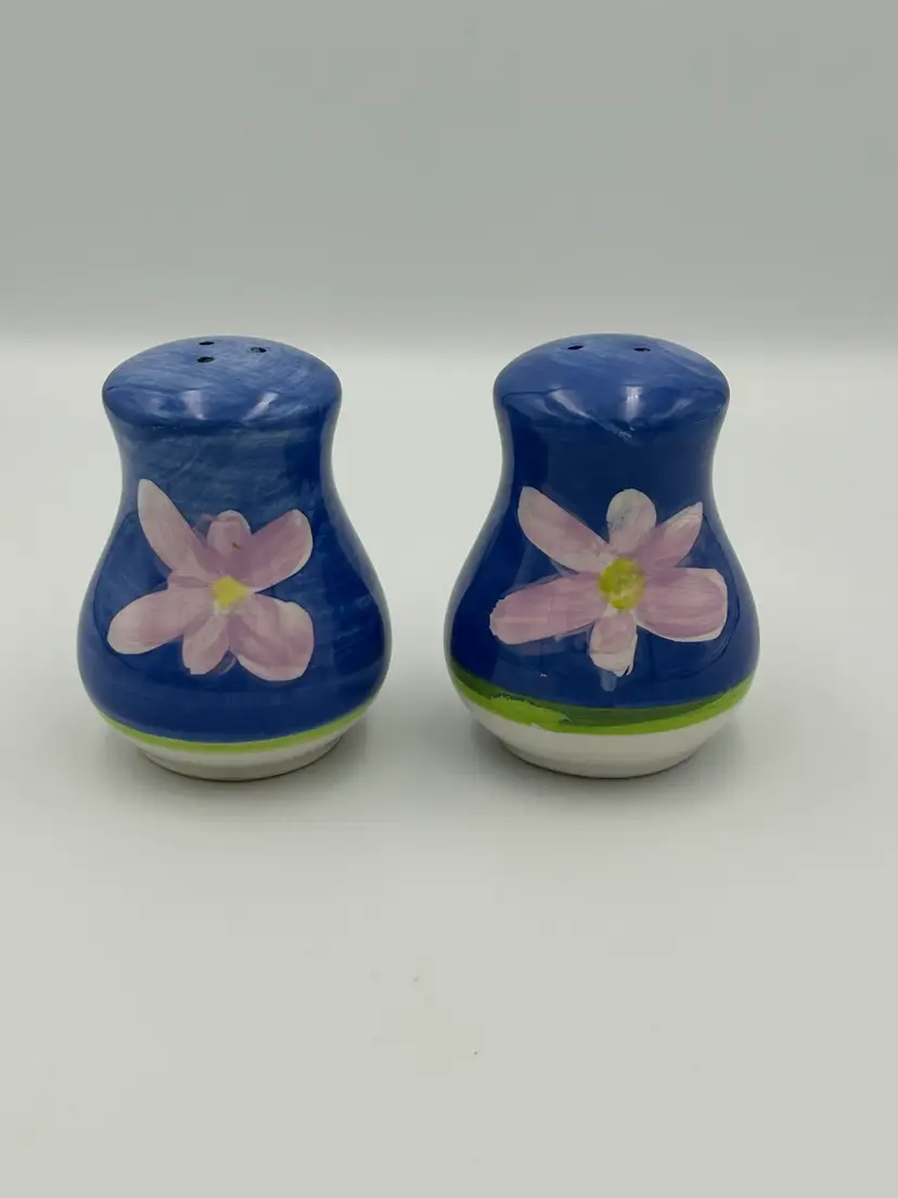 Vintage Ceramic Watercolor Hand Painted Floral Blue Salt & Pepper Shakers