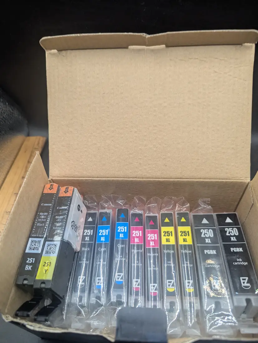 Partial Box of Canon PIXMA cartridges 250XL and 251XL