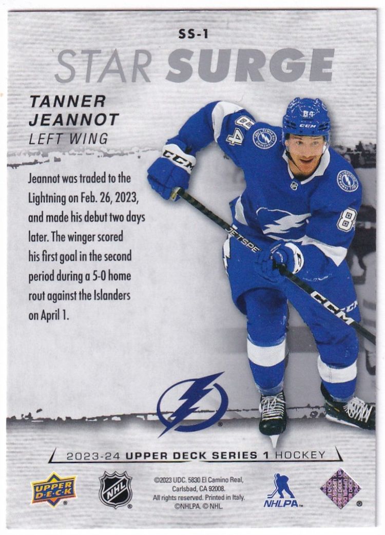 2023-24 Upper Deck Star Surge #SS1 Tanner Jeannot Tampa Bay Lightning Hockey Card