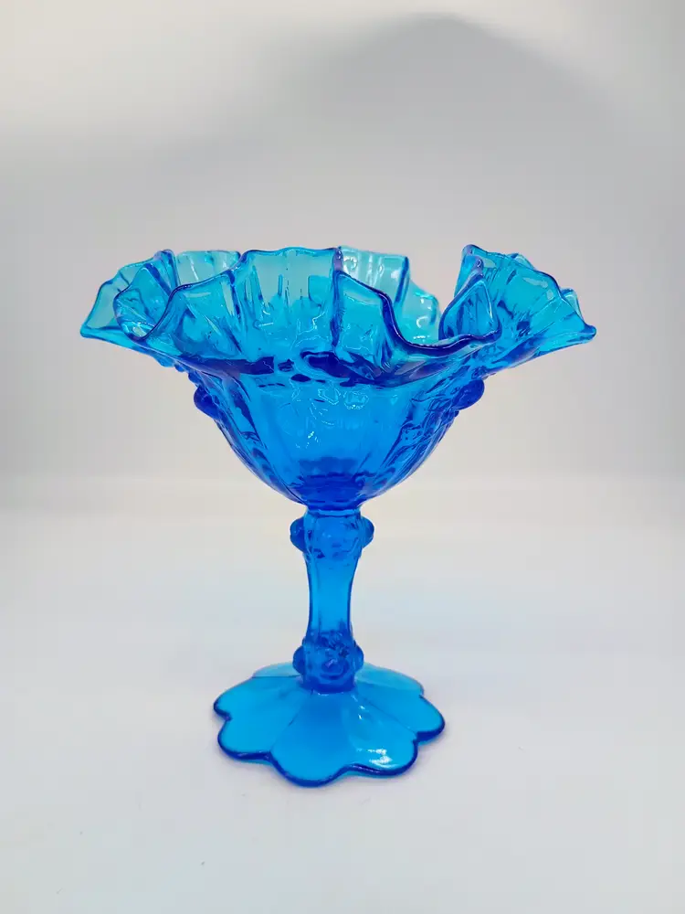 VTG Fenton Glass Colonial Blue Pedestal Candy Dish Compote Cabbage Rose Pattern With Ruffled Rim