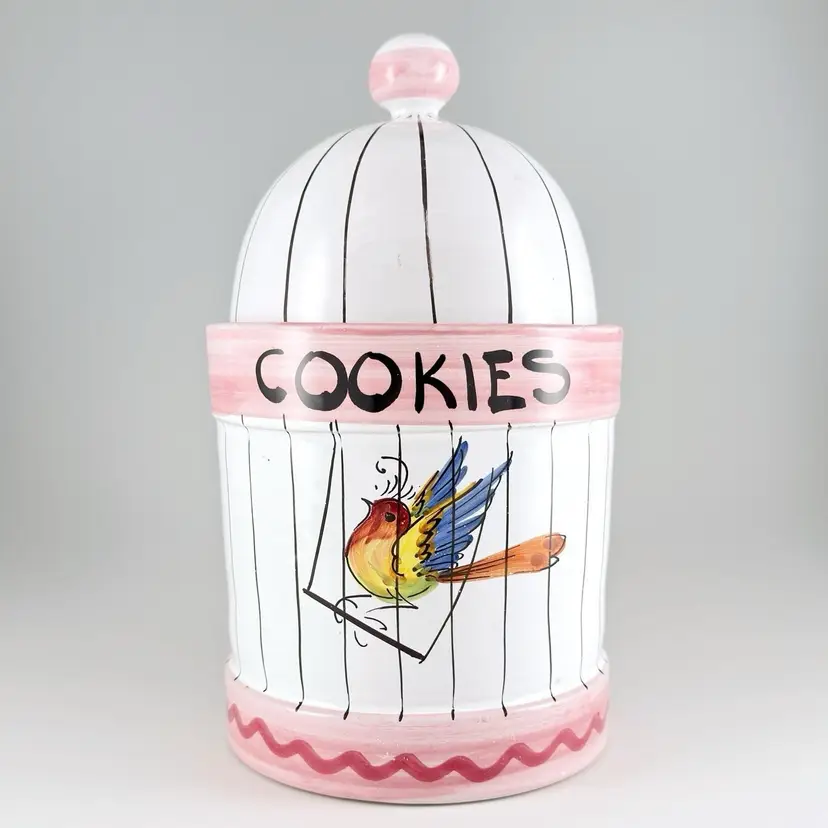 Italian Pottery Bird in Cage Cookie Jar Biscotti Canister Hand Painted Italy Vtg