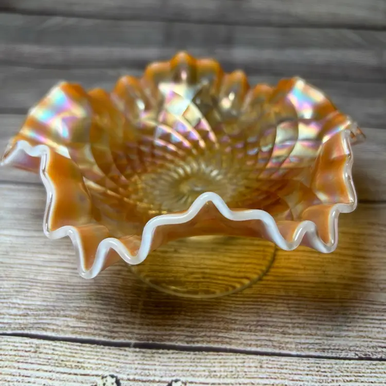 Dugan Folding Fan Peach Opalescent Carnival Glass Ruffled Compote Dish 6.5x3.5”