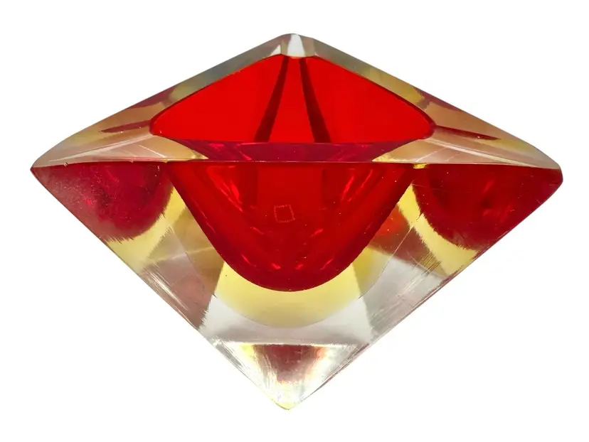 Vintage Murano Sommerso Art Glass Faceted Ashtray Triangle Prism Red Yellow READ