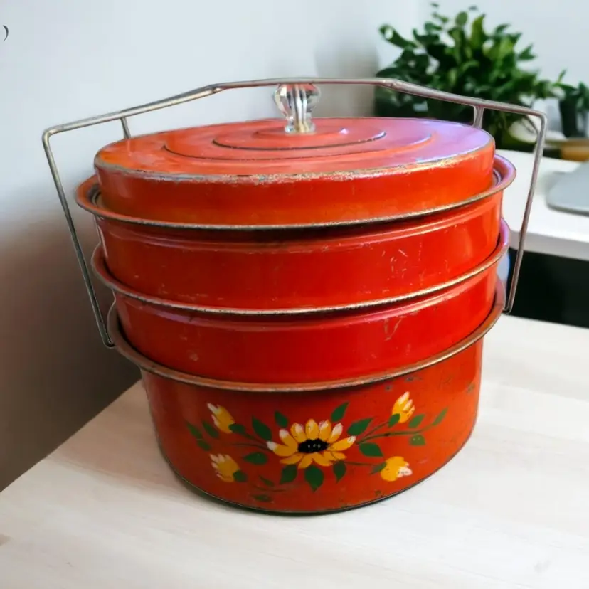 Vintage 1940's Handpainted Miners Stacking Lunch/Tiffin Box Storage Canister