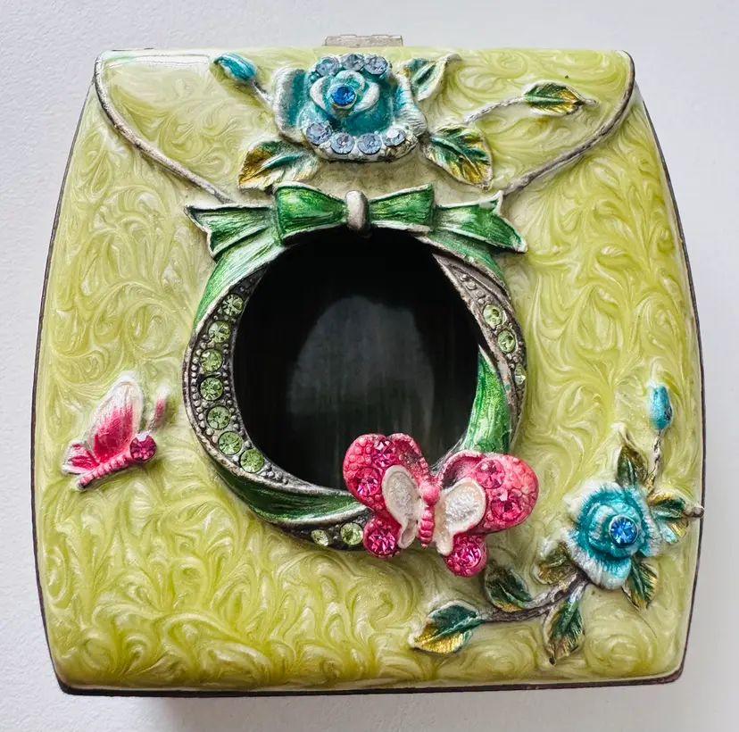 Green Enamel Trinket Dish With Floral Decor & Butterflies - Enhanced With Rhinestones