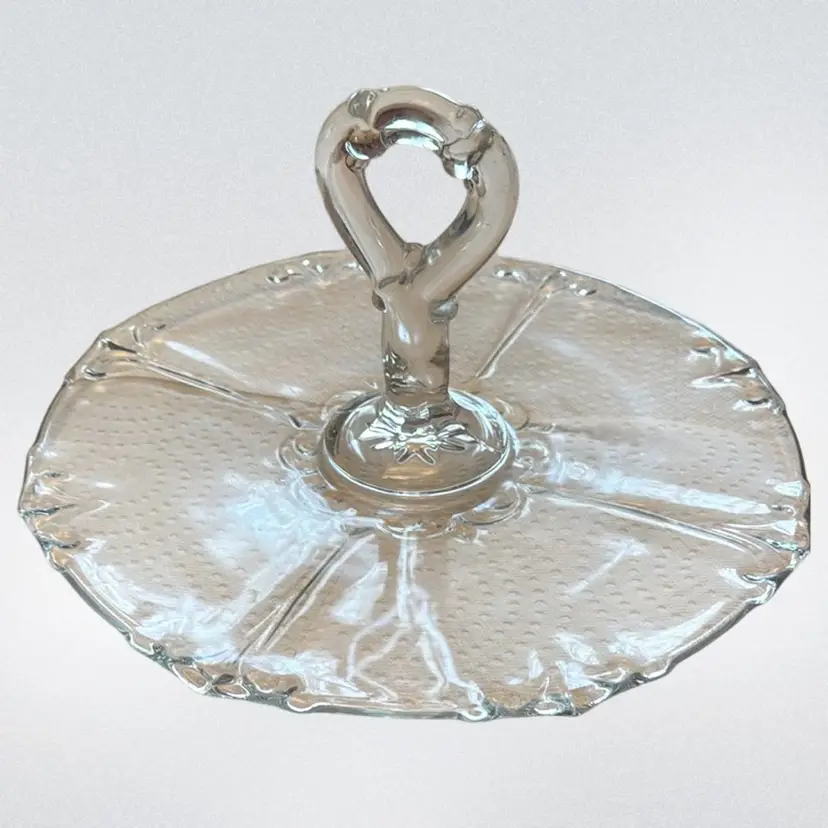 Vintage Clear Glass Tidbit Serving Tray With Center Handle