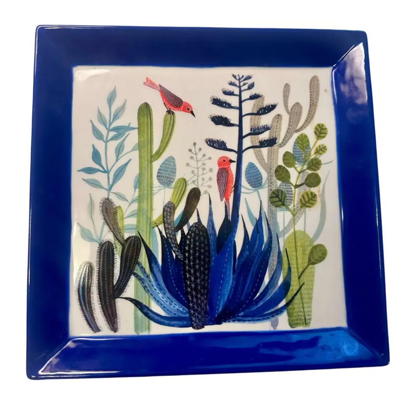 Geninne Zlatkis Design Birds & Cactus Hallmark 10” Square Plate Blue Trim NWT
