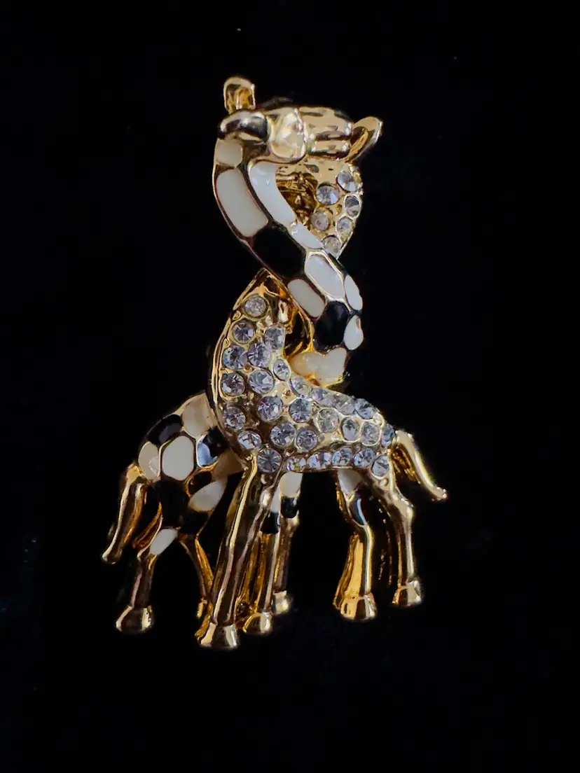#1028 Vintage Giraffe Brooch Gold Tone Black Enamel Spots Mom & Baby  Clear Rhinestone