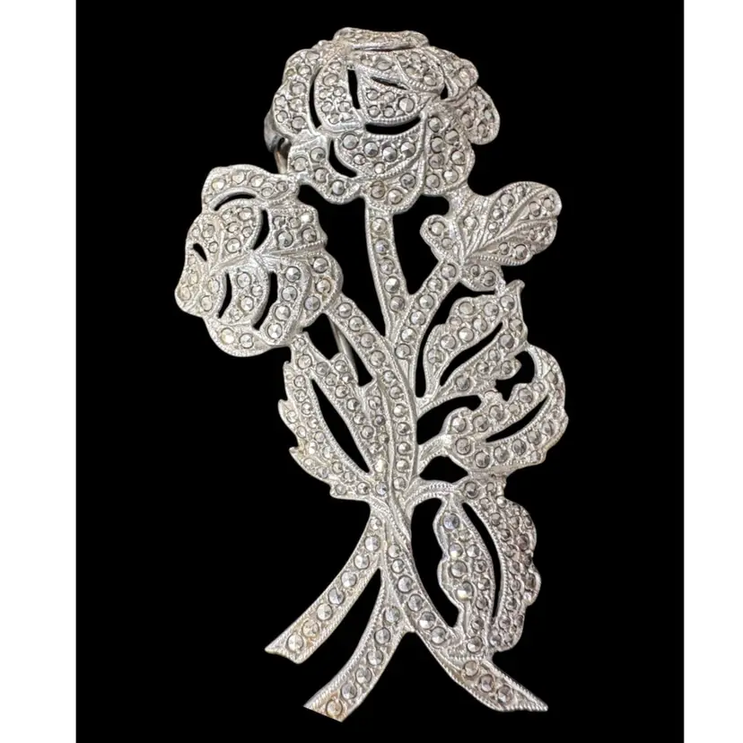 Vintage Sterling Silver & Marcasite Rose Brooch 2.25” X 1.25”