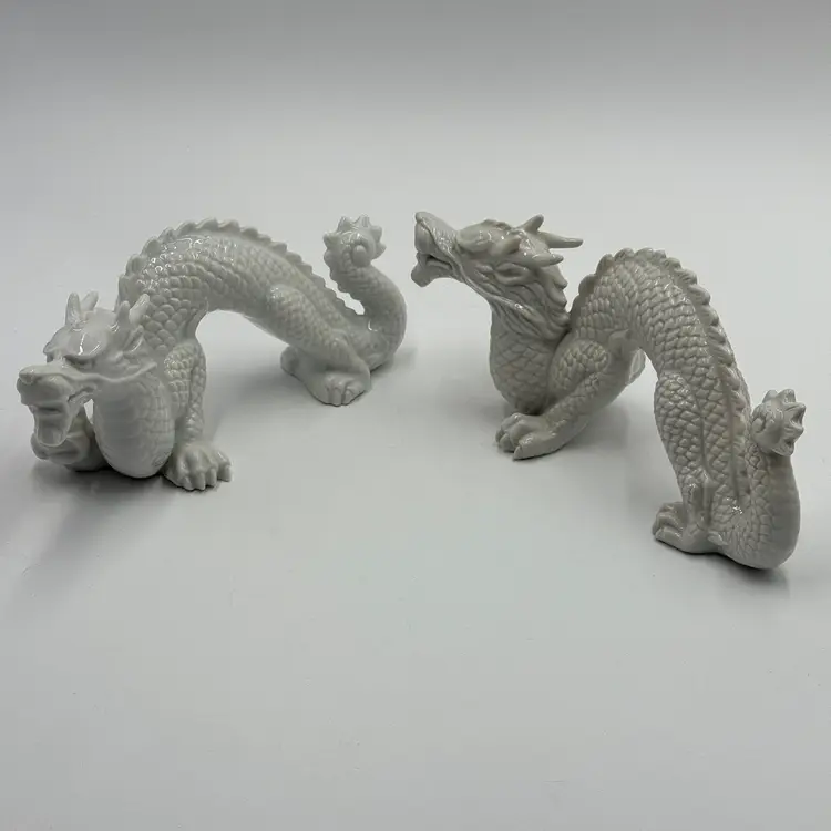 Otagiri OMC Japan Vintage Dragon Flaming Pearl Pair Of White Porcelain Figurines
