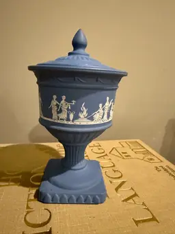 Avonshire Blue Grecian Pedestal Lidded Candy Dish Jar