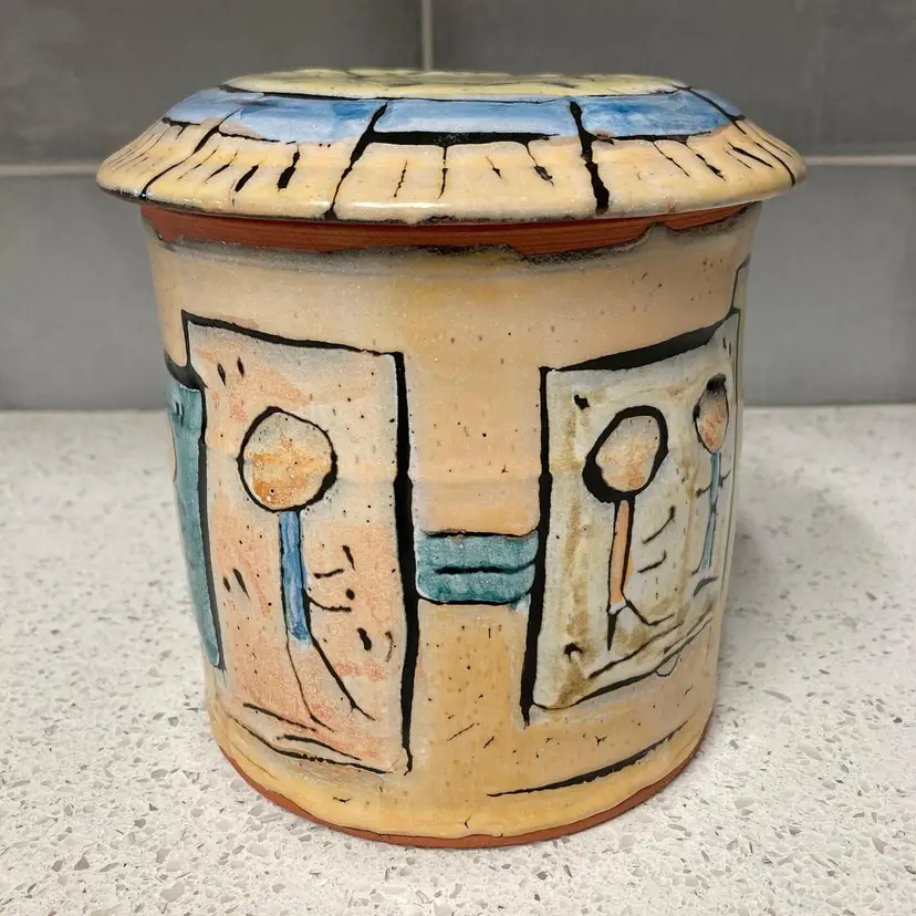 Beautiful Hand Painted Redware Glazed Jar w/Lid Stick Figures with Buildings Design