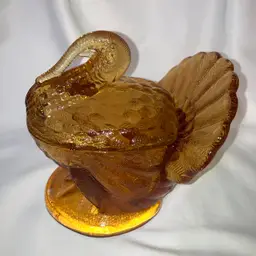 Vintage LE Smith Art Glass Amber Color Turkey Covered Candy Dish 7 Inches Tall