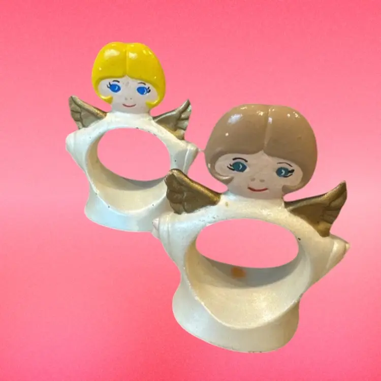 Ceramic Angel Napkin Ring Holders Set of 4 Blonde Blue Eyes Wings Signed Glazed