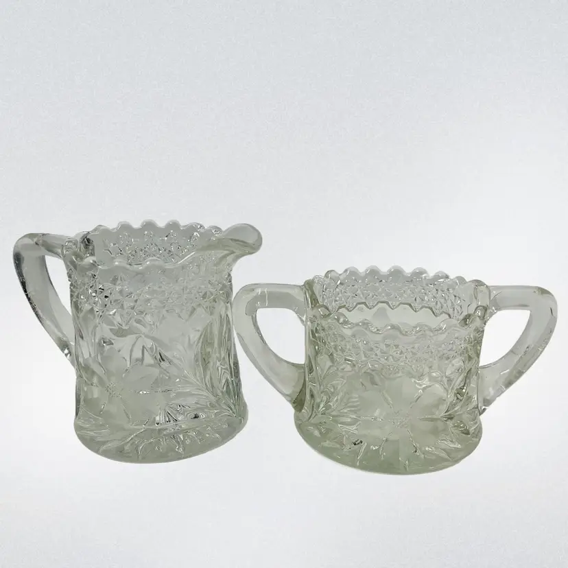 Vintage Crystal Sugar & Creamer with Handles Pressed Glass