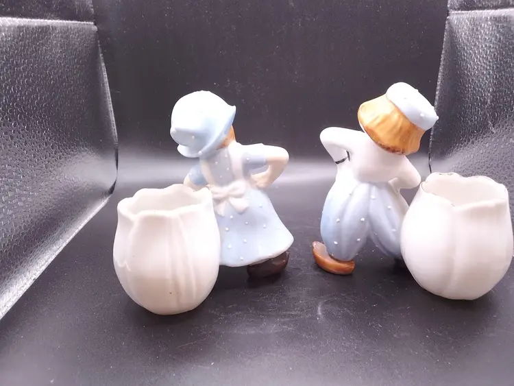 Vintage Dutch Girl and Boy Vases Planters Match Toothpick Holders kitsch