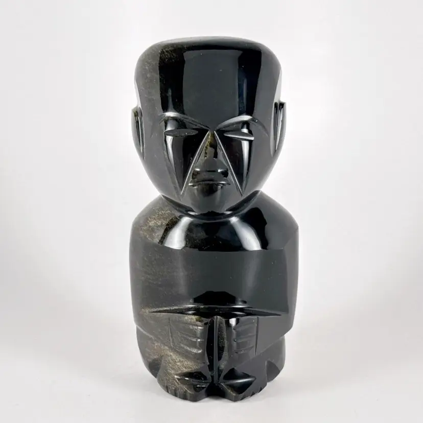 Mexico Carved & Polished Black Obsidian Mayan or Aztec God Deity Figurine
