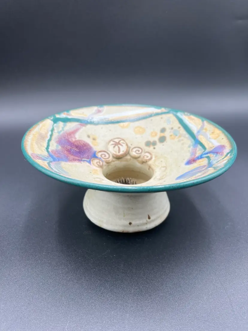 Pottery Beachy Flower Frog 7 3/4” x 3.5” Signed Bowen