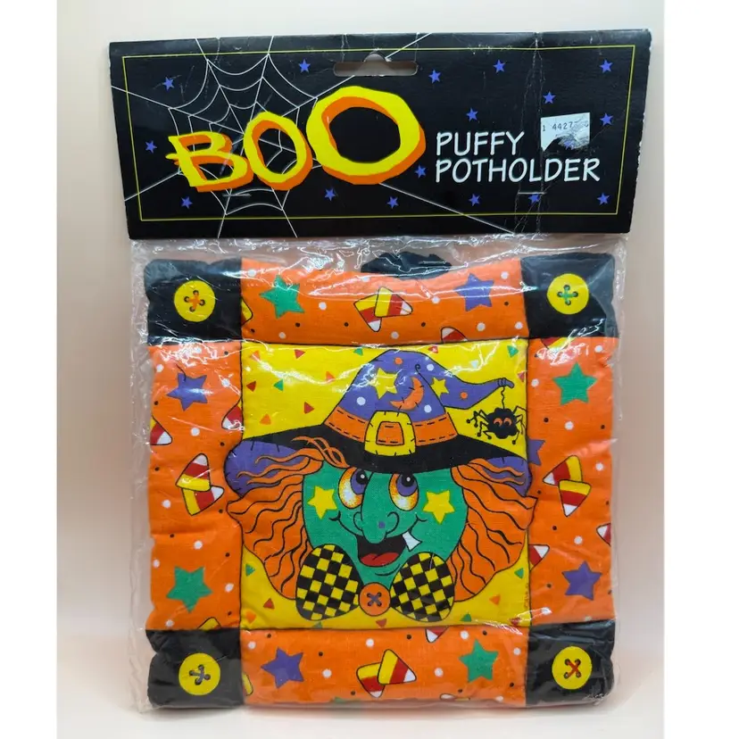 Boo Kitschy Witch Vintage 80’s Halloween Puffy Potholder NOS 7.5”
