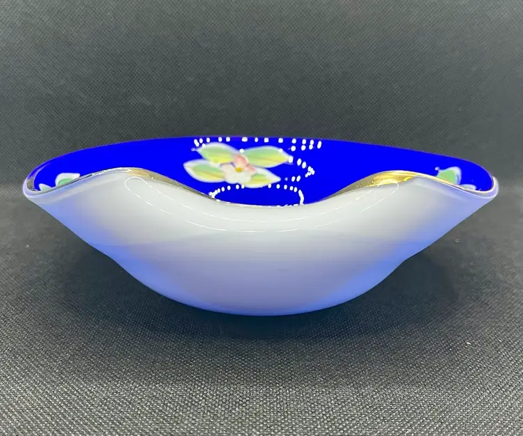 Mid Century Bohemian Cobalt Blue Cased White Glass Dish Applied Enamel Flowers