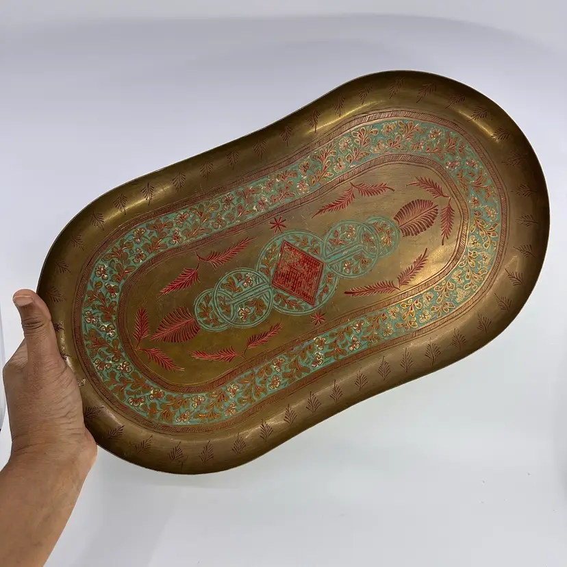 Vintage Etched Oblong Hand Painted Brass Tray 17”