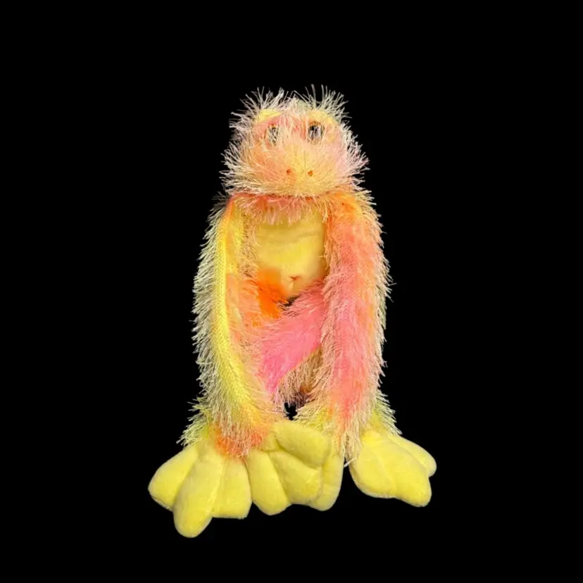 2002 Wishpets Plush Frog  “Marcia” 
Pink Yellow Orange Tie Dye Bendable Hanging Velcro Hands With Tags 
6-3/4” (sitting)