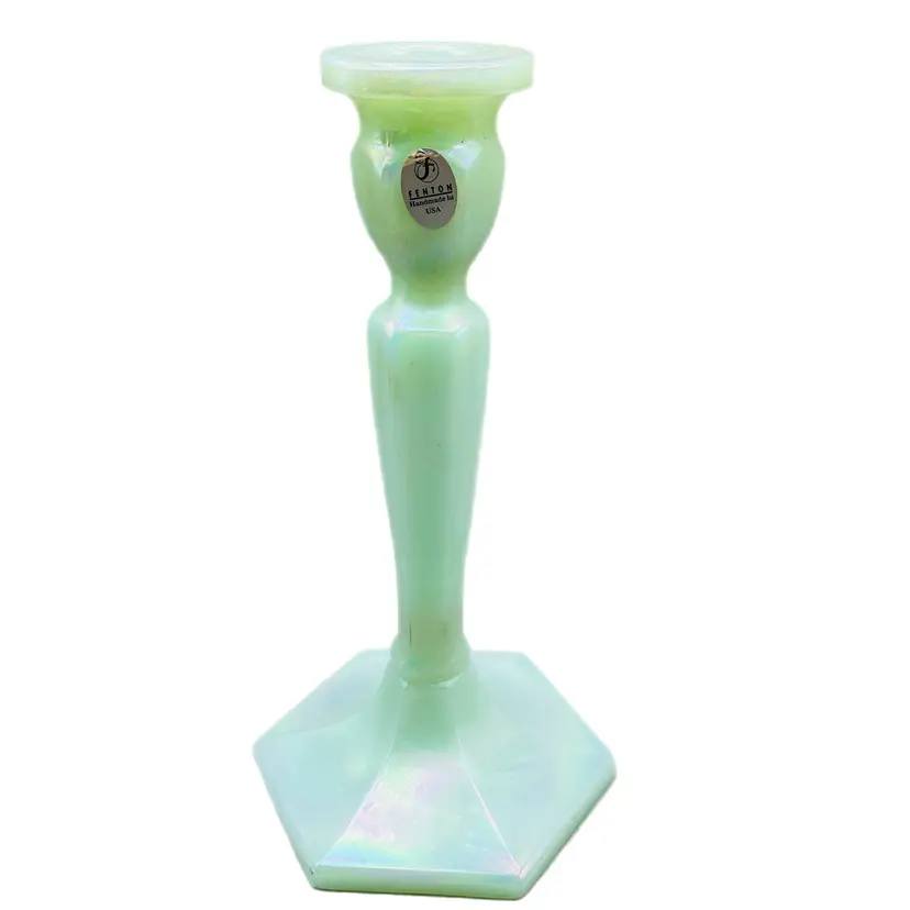 Fenton Glass Iridescent Sea Green Candlestick Holder Original Label Historic Collection