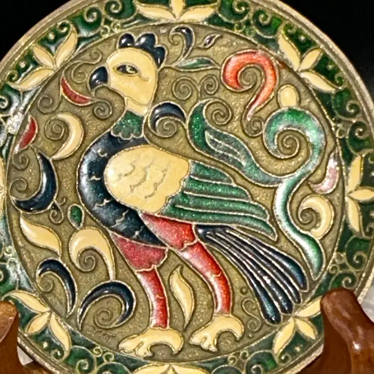 Vintage Greek Smaltotex AA Cloisonné Enamel On Bronze Mini Display Plate Bronze Featuring a Colorful Bird