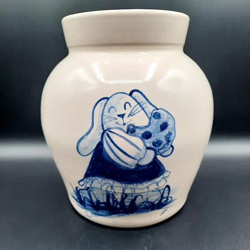 Vintage Stoneware Pottery Blue Bunny Rabbit Beige Cookie Jar Lidded Crock