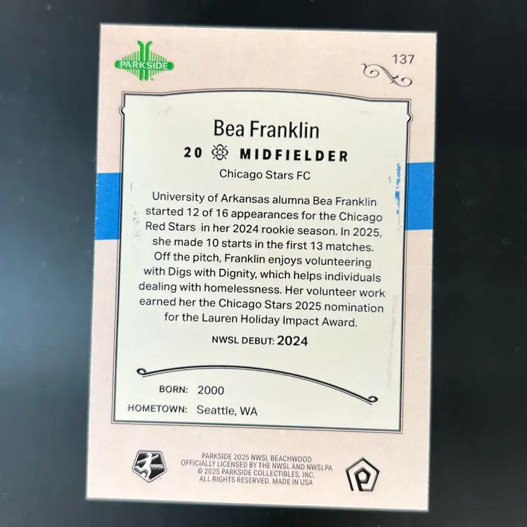 Bea Franklin 2025 Beachwood Brand Copper Foil /10 Soccer Card