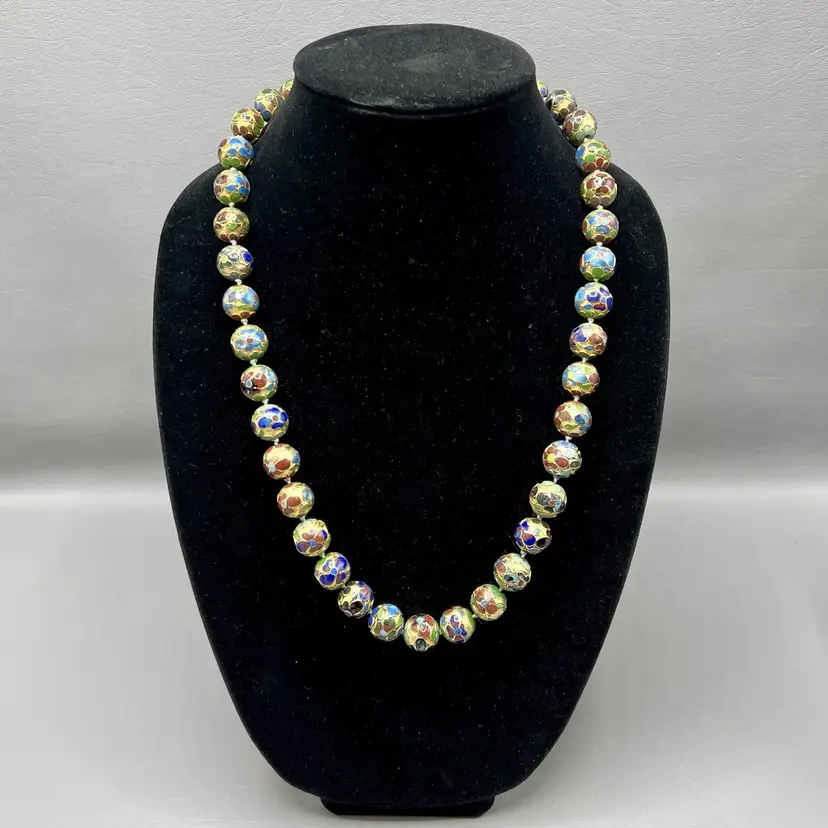 Vintage Cloisonné Bead Necklace Hand Knotted Enamel Floral Gold Tone Box Clasp Statement 25"
