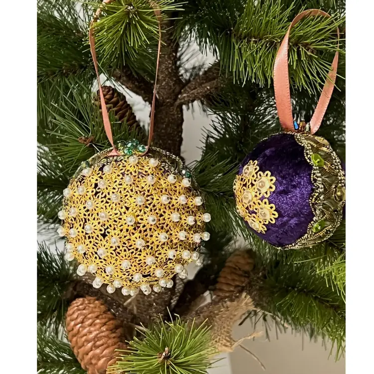 Set of 2 Handmade Vintage Style Push Pin Christmas Ball Ornaments Sequins Ribbon