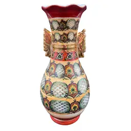 Vintage Porcelain Cloisonne Vase, Gold Wing Handles, Green/Red/Gold Design, 8"