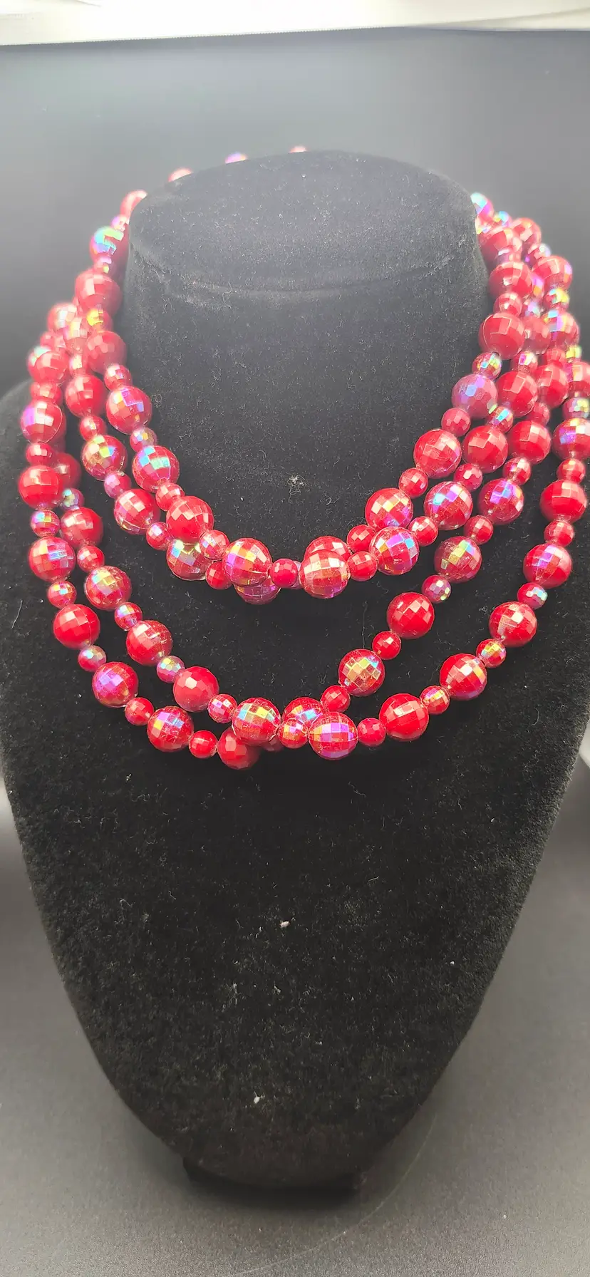 #01 Vibrant Red Multi-Strand Beaded Necklace - NOS