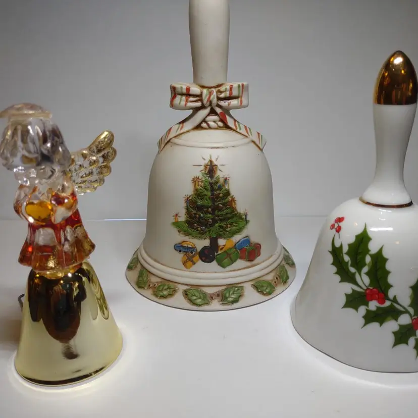 Set 3 Vintage Christmas Bells Porcelain Ceramic Plastic Metal Angel Tree Holly