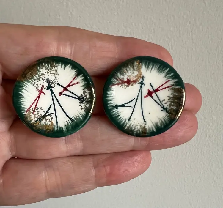 Vintage Red Green & Gold Glazed Porcelain MCM Clip On Earrings #G-8