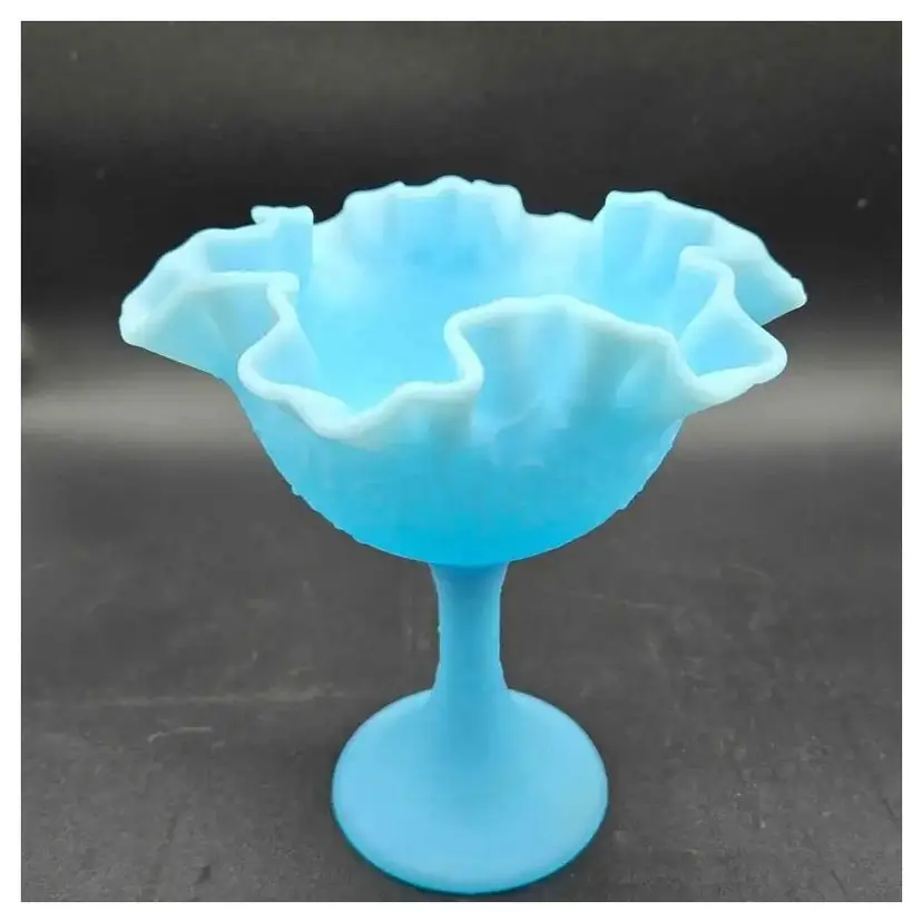 Fenton Blue Ruffled Compote. Persian Medallion Pattern. Blue Satin Finish. 6.75" x 6"