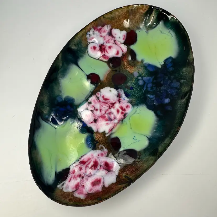 Enamel On Metal Trinket Dish 5.5”’