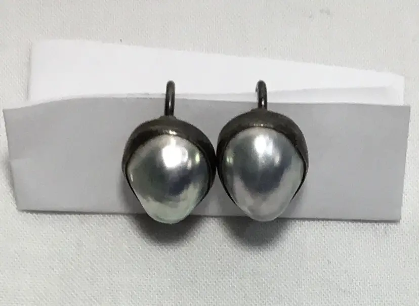 Earrings, light gray pearls in sterling, bezel setting, vintage screw backs