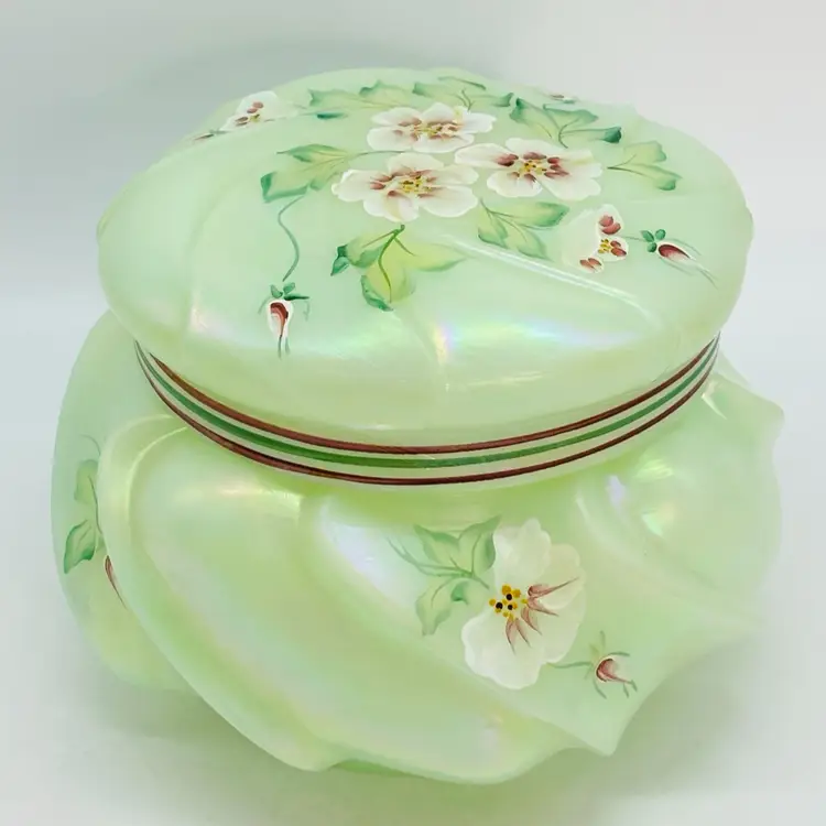 Fenton Iridescent Sea Mist Green Hand Painted Wavecrest Dresser Box 